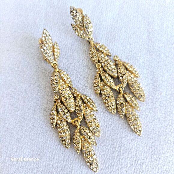 Vintage Ciner Leaf Drop Dangle Rhinestone Gold Plated Clip Earrings 3.1/4 in - Picture 3 of 8